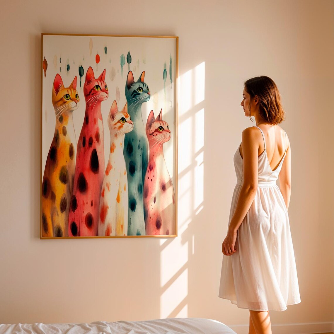 Five Tall Colorful Cats Watercolor Rainbow Kitty Painting Wall Art Print - Image 4