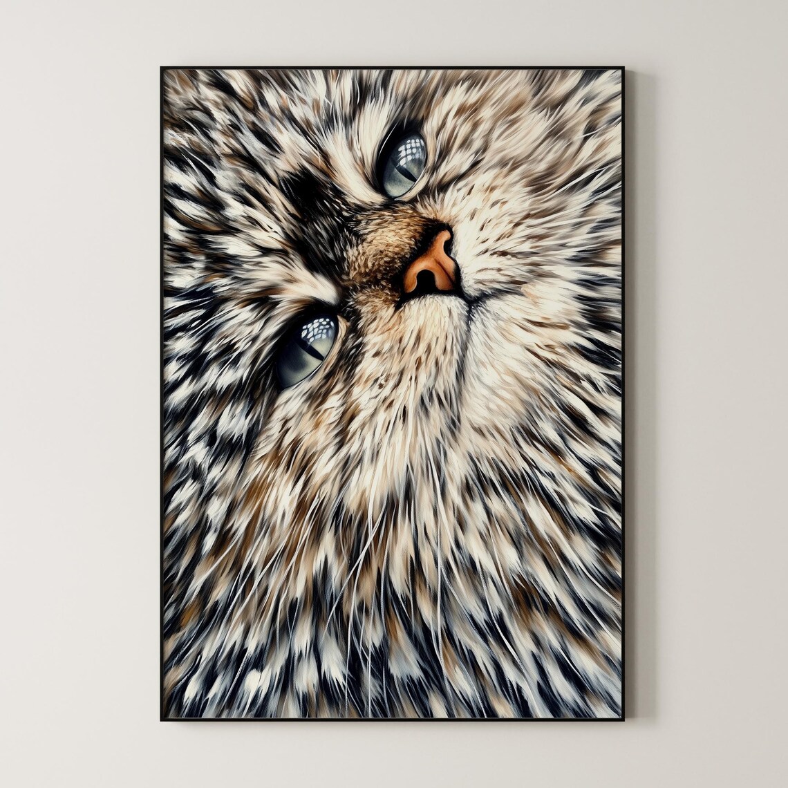 Fluffy Tabby Cat Face Close Up Oil Painting Gray Beige Boho Wall Art Print