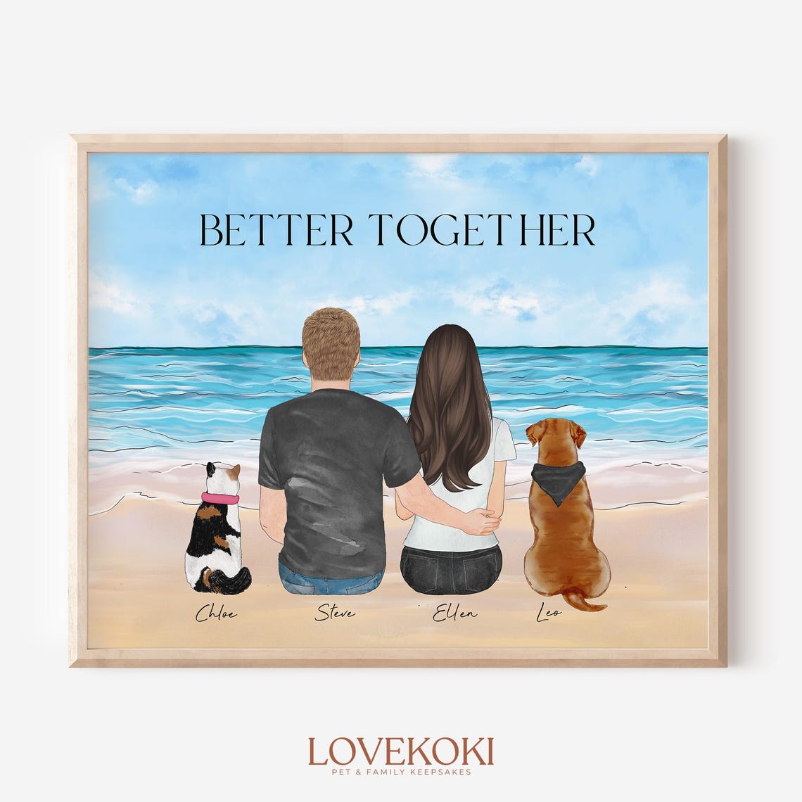 Better Together Couple Beach Portrait With Cat And Dog Gift Poster