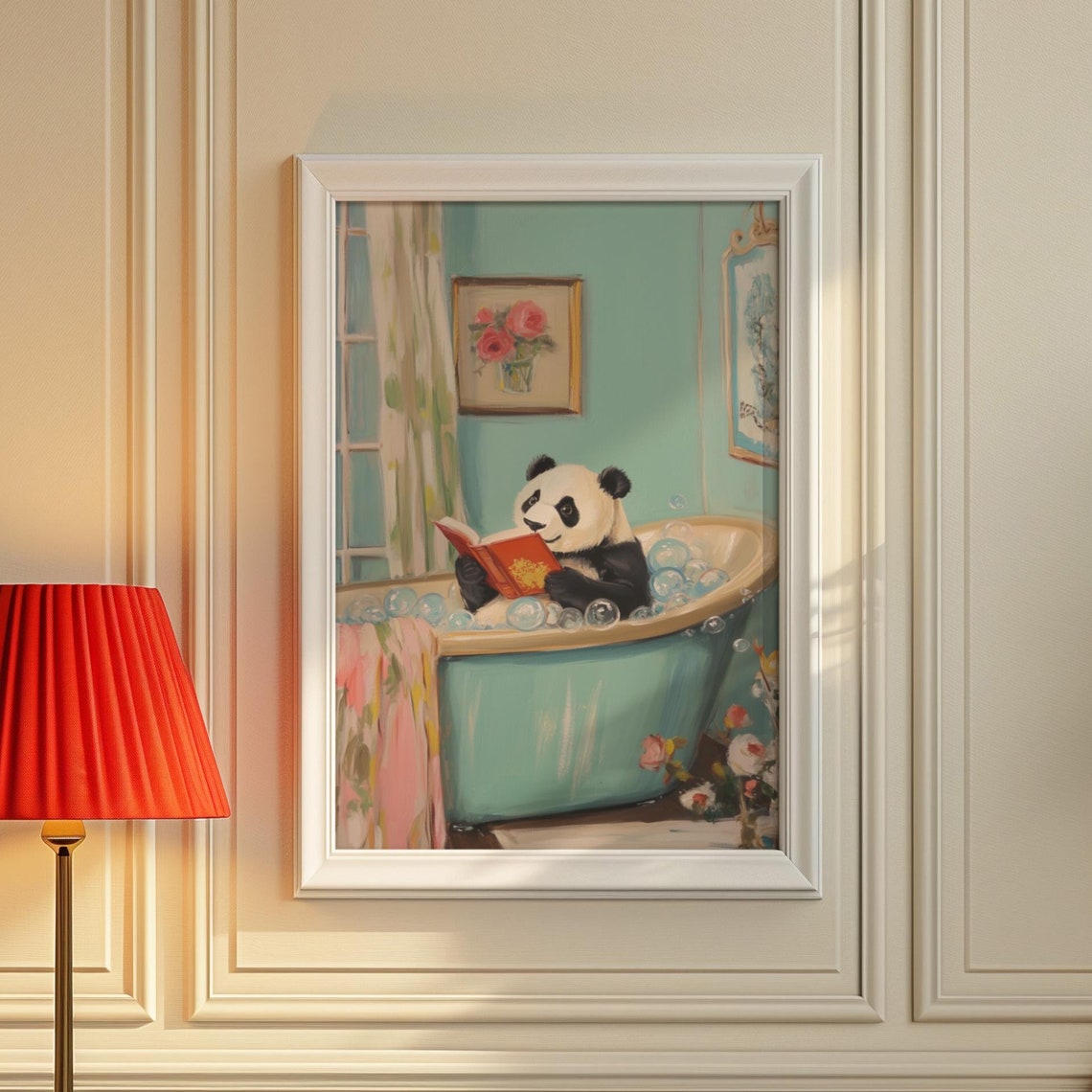 Panda Reading a Book in a Bubble Bath Funny Bathroom Art Poster - Image 3