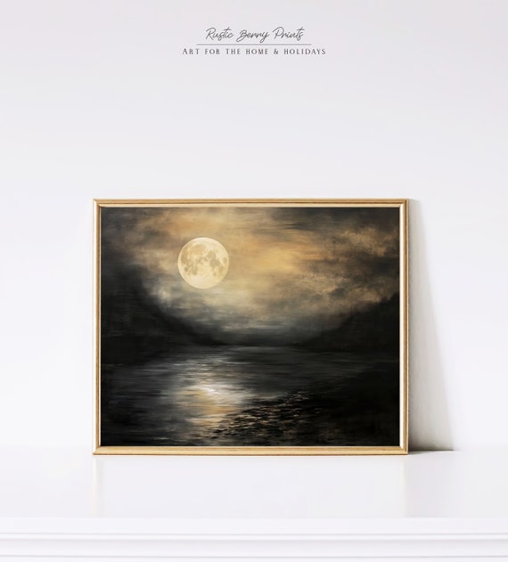 Dark Moon Oil Painting Wall Art Moody Vintage Print Cottagecore Dark Academia Aesthetic Instant