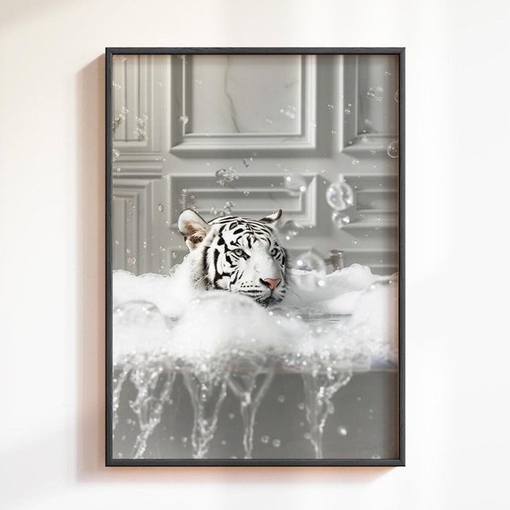 White Tiger Face In A Splashing Bubble Bath Close Up Funny Poster