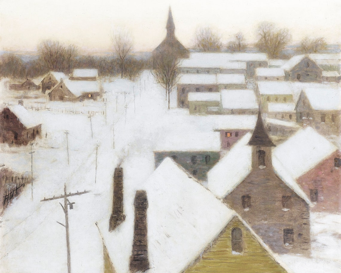 Christmas Village Painting Holiday Town Art Vintage Christmas Prints Holiday Village Wall Art Country Winter Landscape Art Print - Image 2
