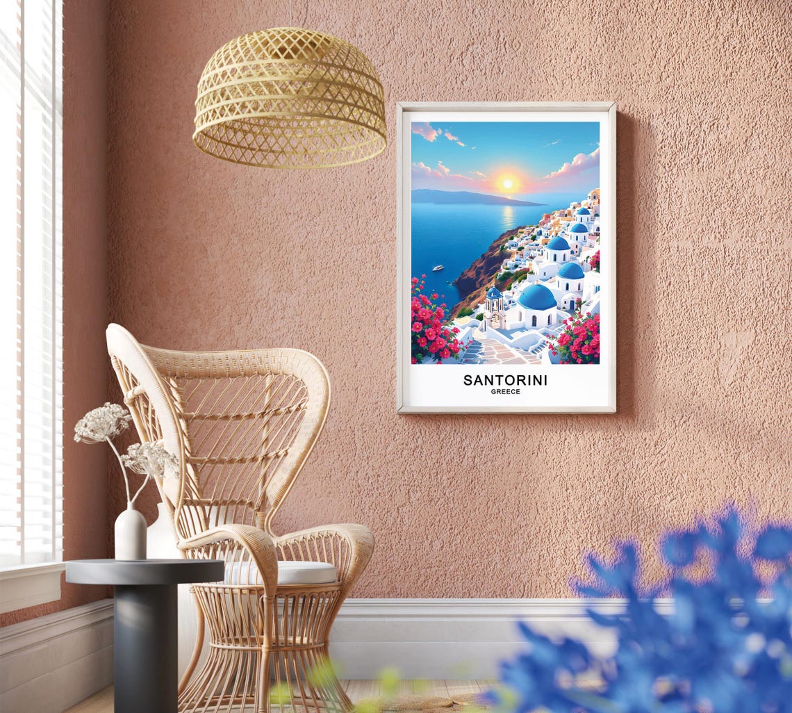 Santorini Greece Blue Domes Caldera Sunset Bougainvillea Poster - Image 2