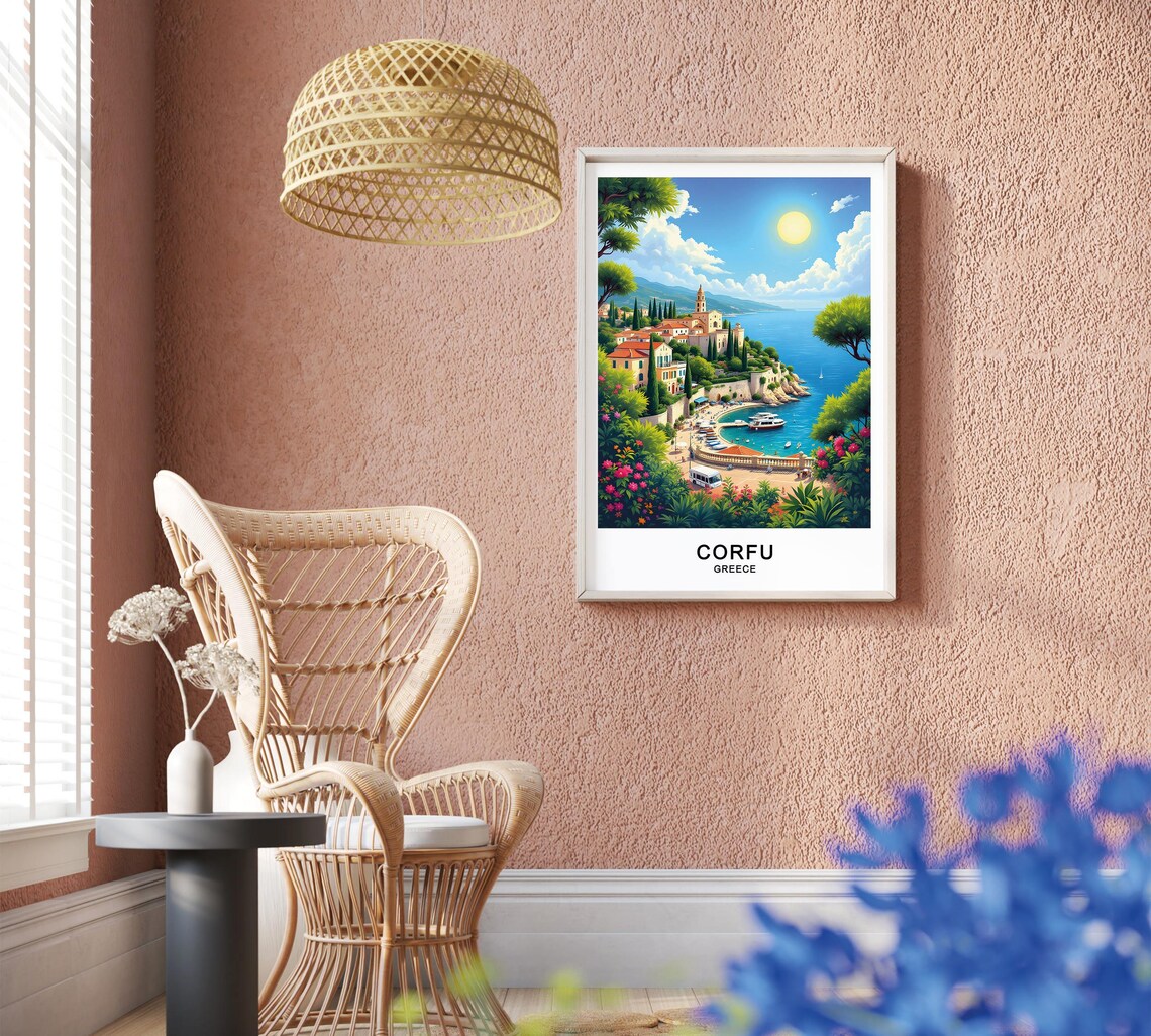 Corfu Greece Seaside Village Harbor Boats Flower Garden Poster - Image 2