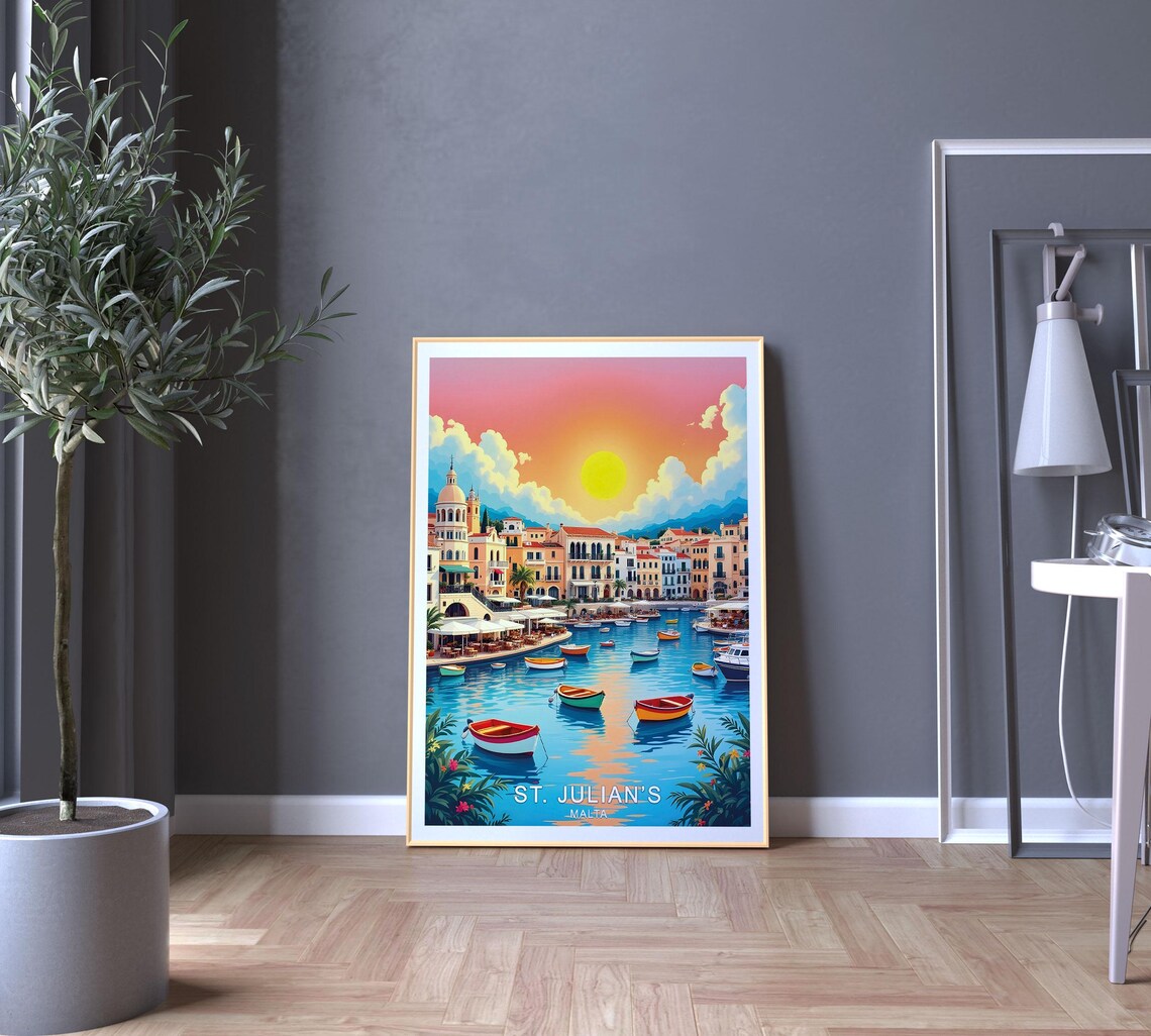 St Julians Malta Harbor Sunset Colorful Boats Waterfront Marina View Poster - Image 5