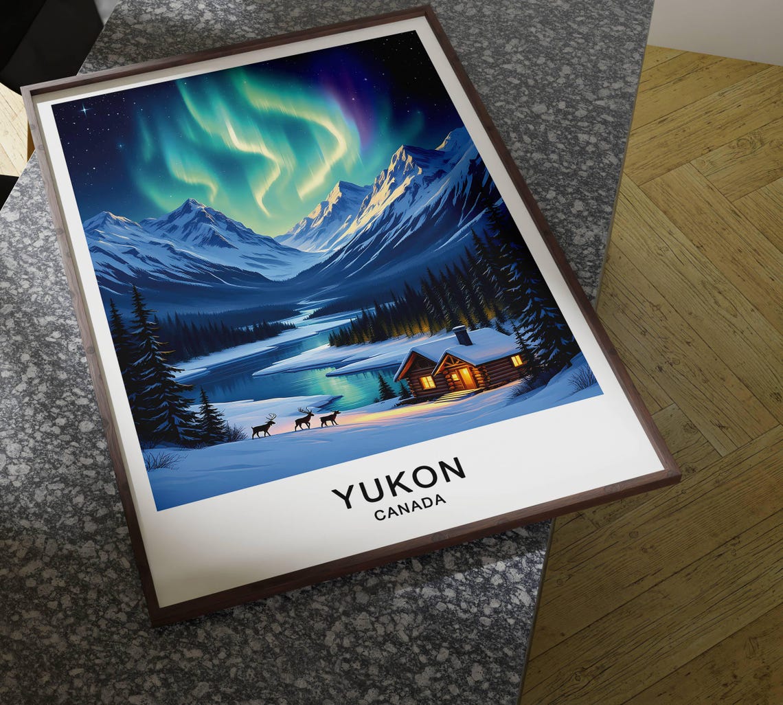 Yukon Canada Northern Lights Snowy Cabin Deer Winter Night Poster - Image 4