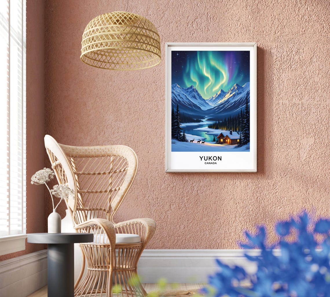 Yukon Canada Northern Lights Snowy Cabin Deer Winter Night Poster - Image 2