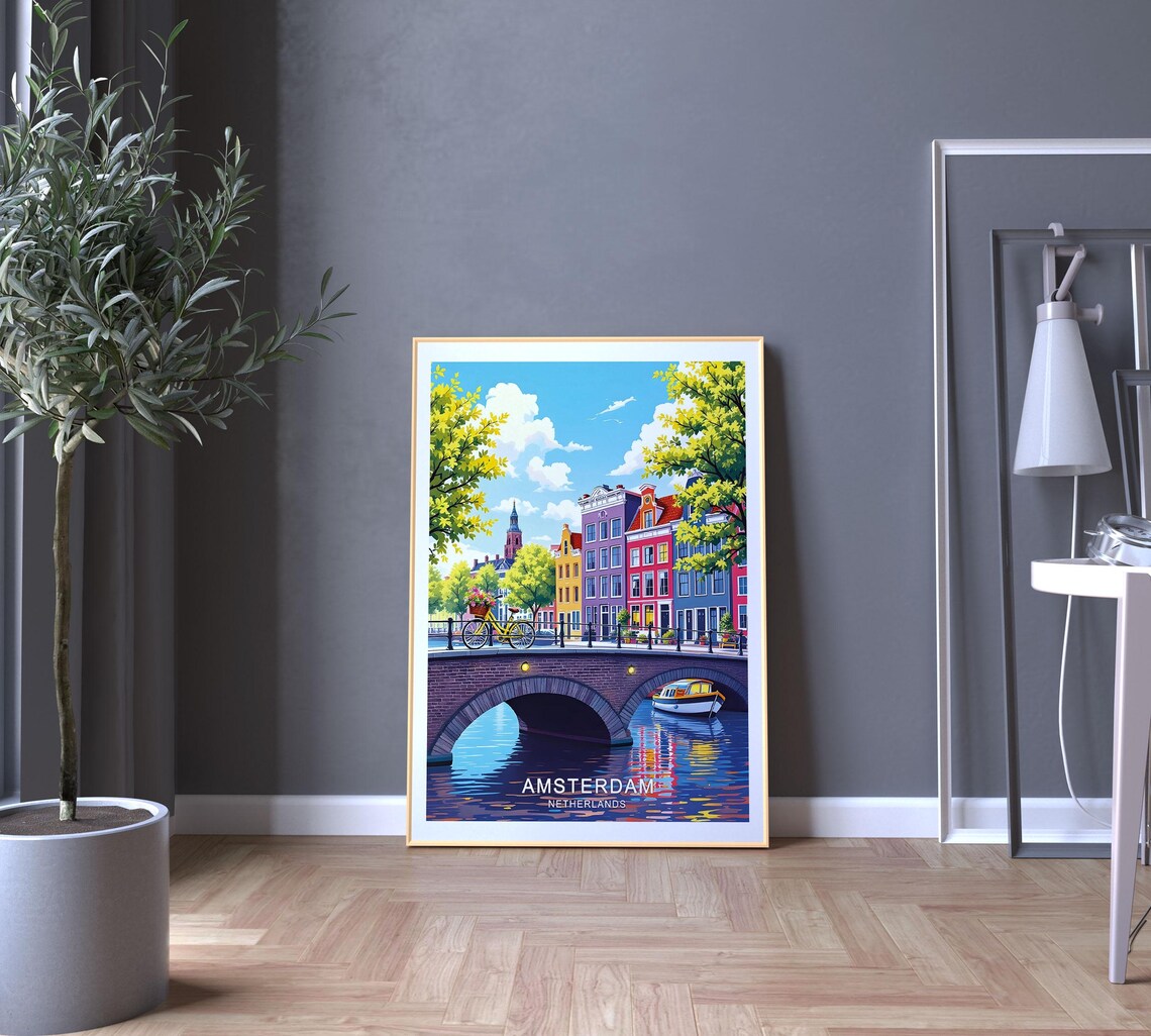 Amsterdam Netherlands Canal Bridge Colorful Houses Bicycle Cityscape Poster - Image 5