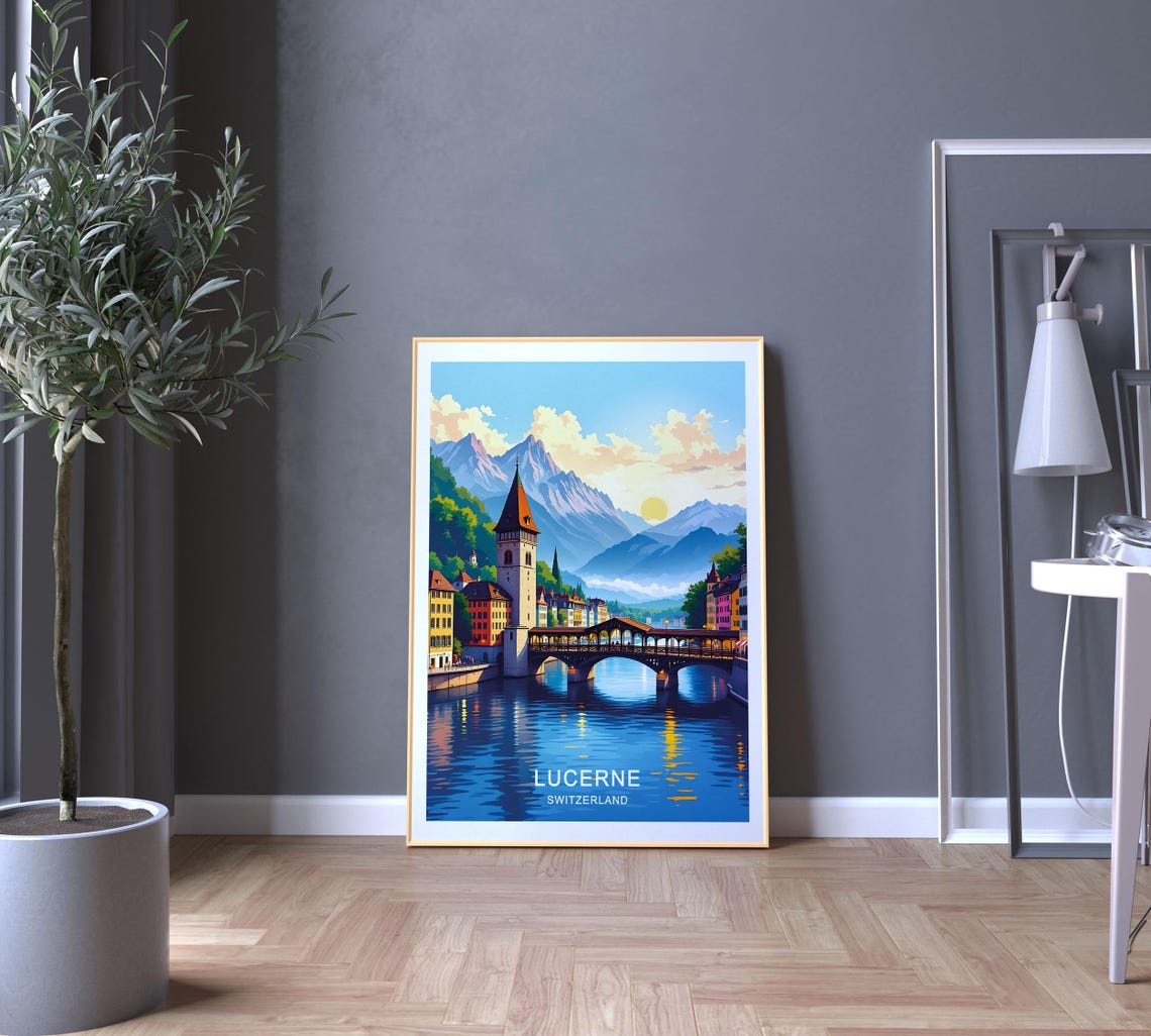Lucerne Switzerland Travel Poster Chapel Bridge Lake Lucerne And Majestic Alpine Views Wall Art - Image 5
