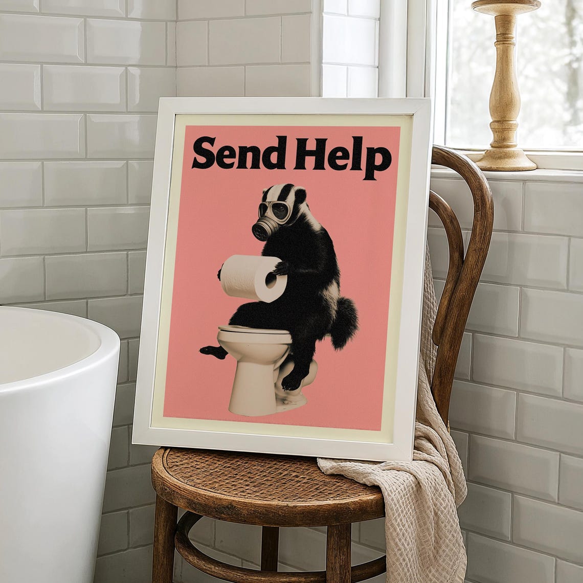 Send Help Skunk Gas Mask Toilet Prank Funny Bathroom Humor Poster