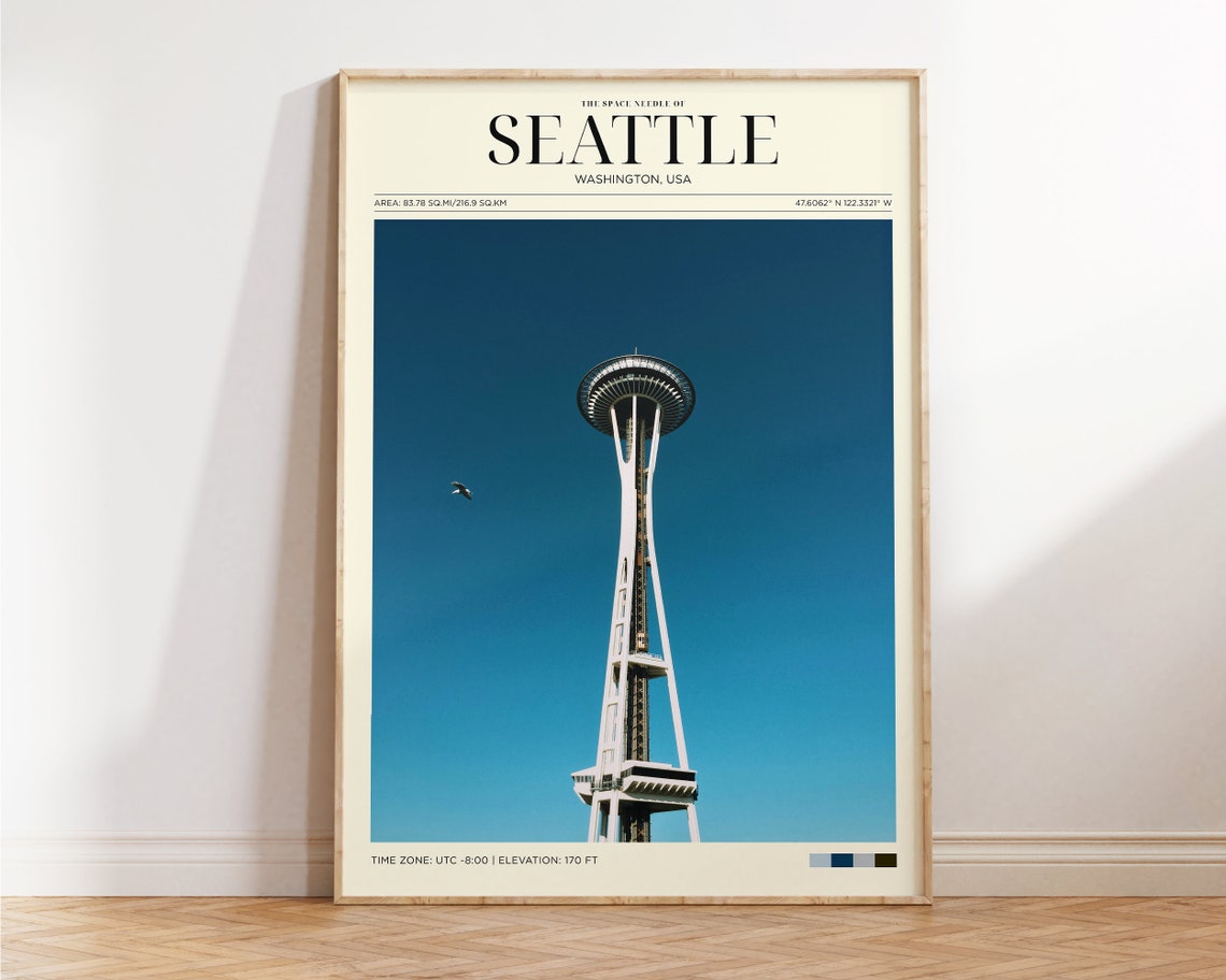 Seattle Space Needle Blue Sky Landmark Photography Travel Poster