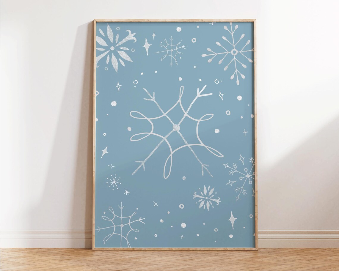 Dusty Blue Doodle Snowflakes Winter Pattern Christmas Wall Poster