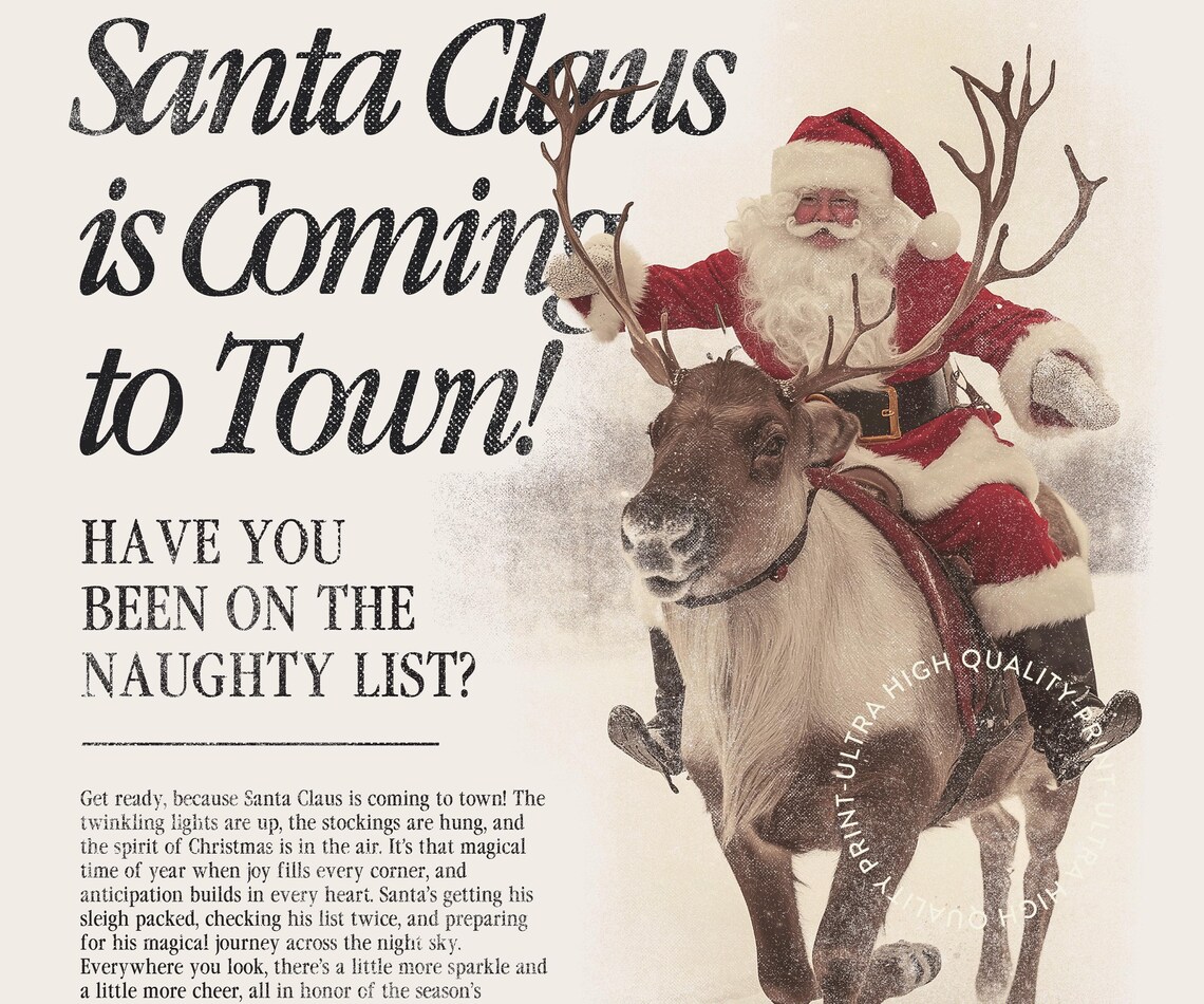 Santa Claus Is Coming To Town Vintage Newspaper Christmas Wall Art - Image 5