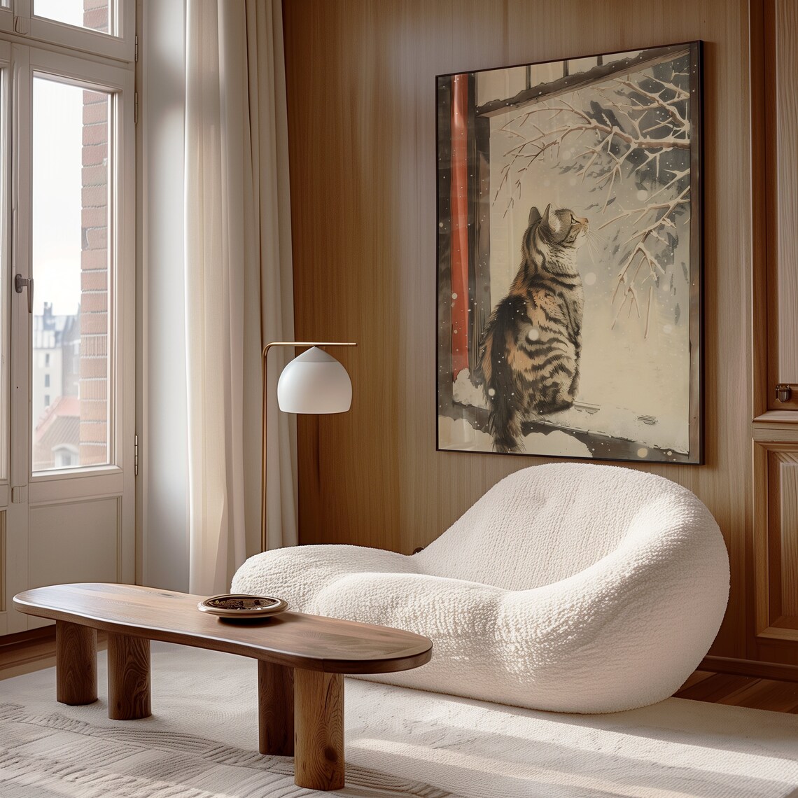 Japanese Cat Snow Window Tabby Watching Snowfall Vintage Style Art Print - Image 4