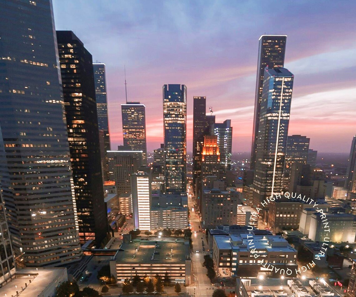 Houston Texas Dusk Skyline Aerial City Lights Panorama Travel Poster - Image 5