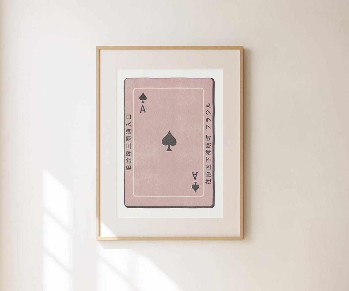 Retro Japanese Ace of Spades Playing Card Blush Pink Bar Cart Wall Art