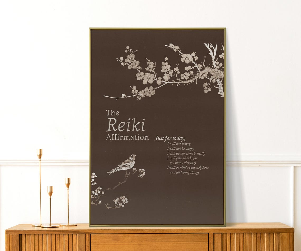 Reiki Affirmation Dark Plum Blossom Bird Zen Wellness Quote Poster - Image 4