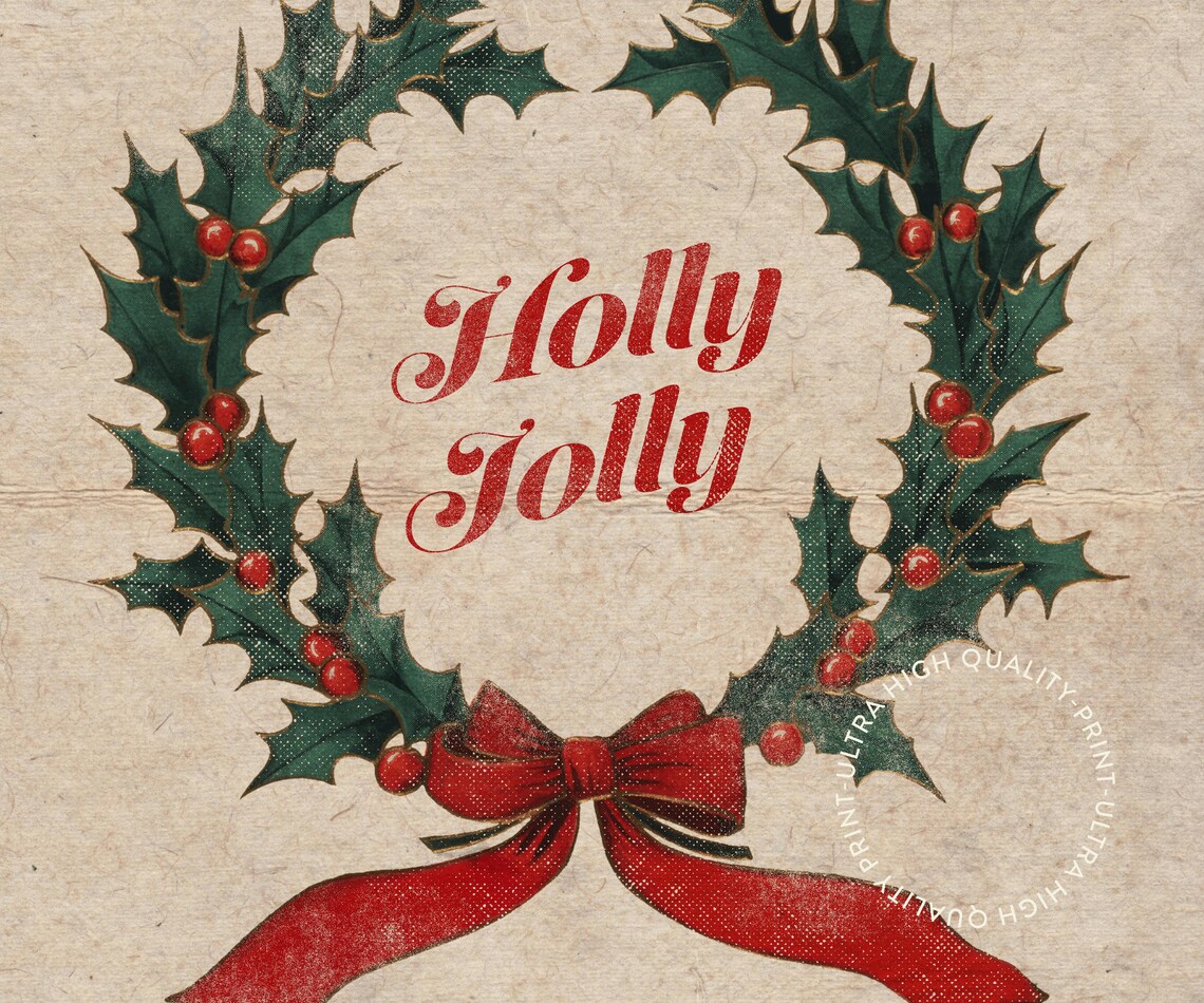 Holly Jolly Vintage Christmas Wreath Red Bow Retro Holiday Wall Art - Image 5