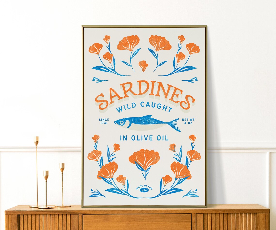 Sardines Wild Caught Olive Oil Retro Sardine Tin Orange Floral Poster - Image 4