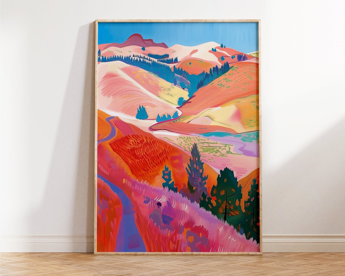 Pink Hills Modern Landscape Painting Colorful Hockney Style Wall Art - Image 2