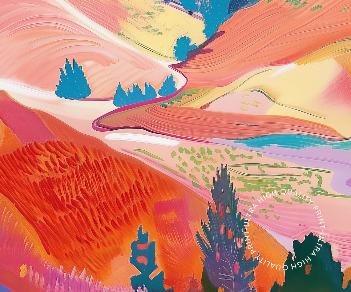 Pink Hills Modern Landscape Painting Colorful Hockney Style Wall Art - Image 5