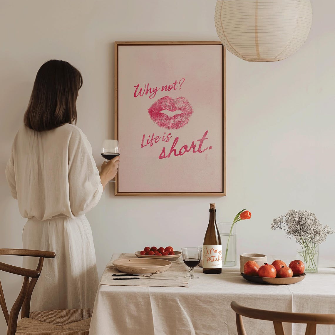 Why Not Life Is Short Lipstick Kiss Retro Affirmation Pink Wall Print - Image 2