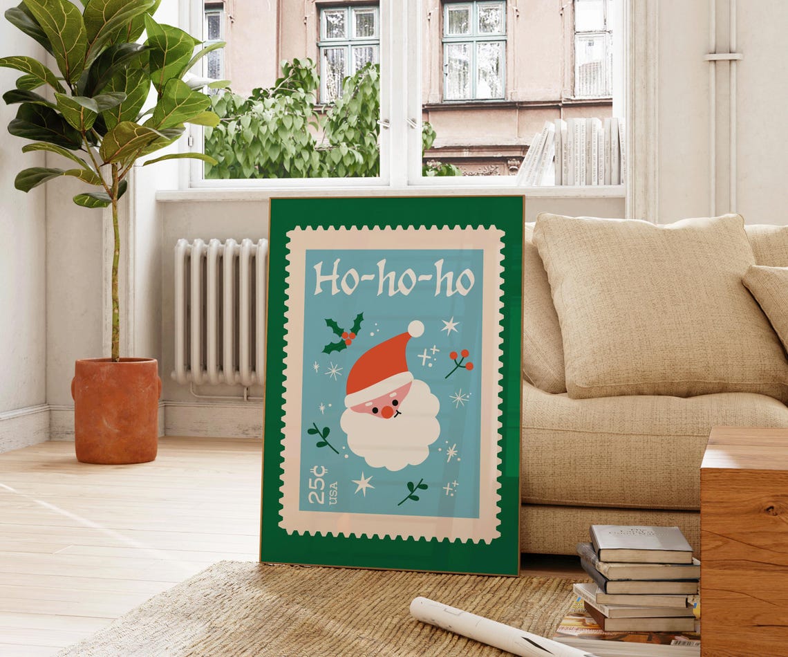 Ho Ho Ho Santa Stamp Vintage Style Christmas Holiday Wall Art Poster - Image 2