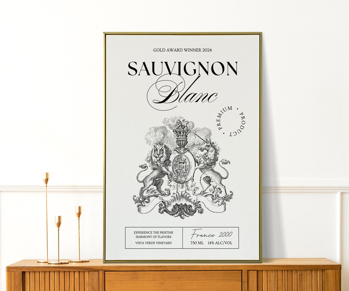 Sauvignon Blanc Wine Label Vintage Black White Kitchen Bar Wall Art Poster