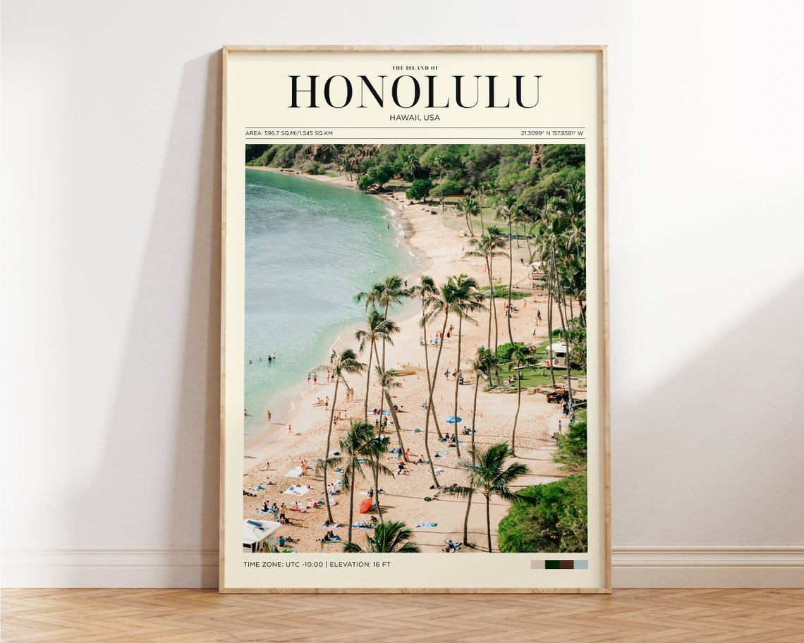 Honolulu Hawaii Beach Palm Trees Aerial Travel Poster Island Wall Art