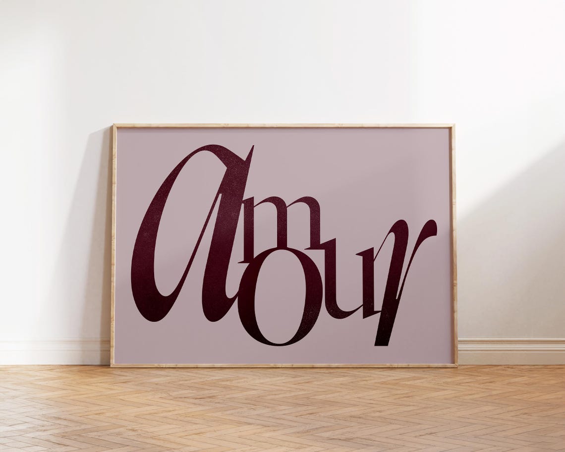 Amour Elegant Burgundy Script Rose French Romantic Typography Poster