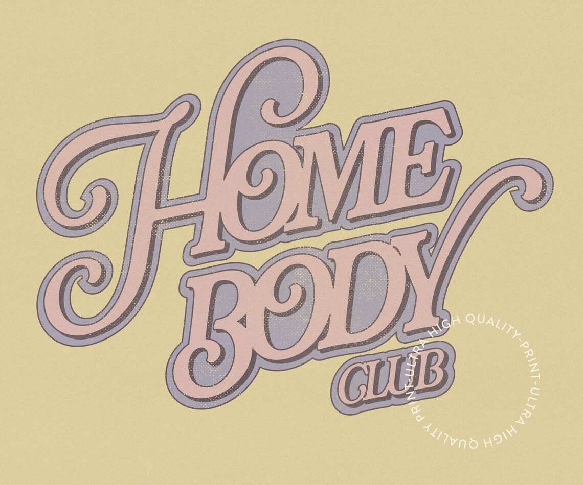 Home Body Club Retro Swirly Peach Script Lettering Yellow Art Poster - Image 5