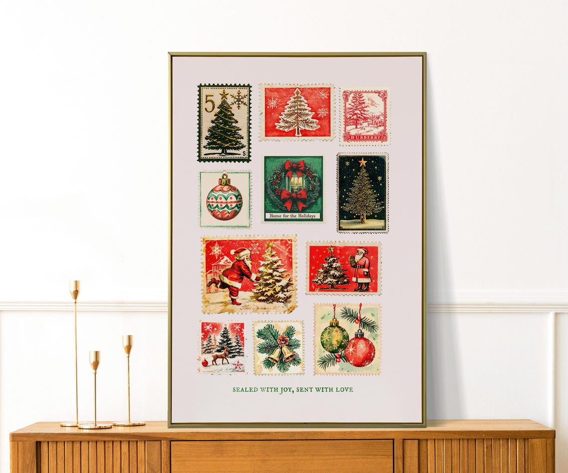 Vintage Christmas Postage Stamp Collage Santa Tree Holiday Poster