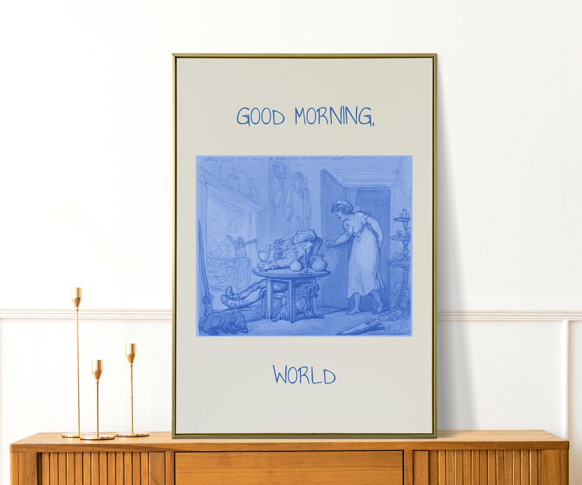 Good Morning World Blue Vintage Sketch Retro Bedroom Wall Art Poster - Image 3