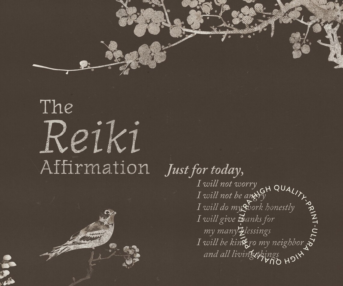 Reiki Affirmation Dark Plum Blossom Bird Zen Wellness Quote Poster - Image 5