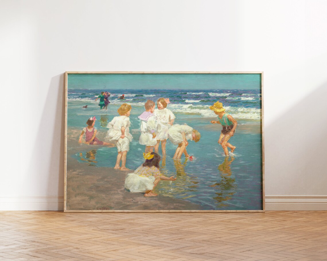 Children Playing Seashore Impressionist Blue Ocean Vintage Beach Art Poster - Image 5