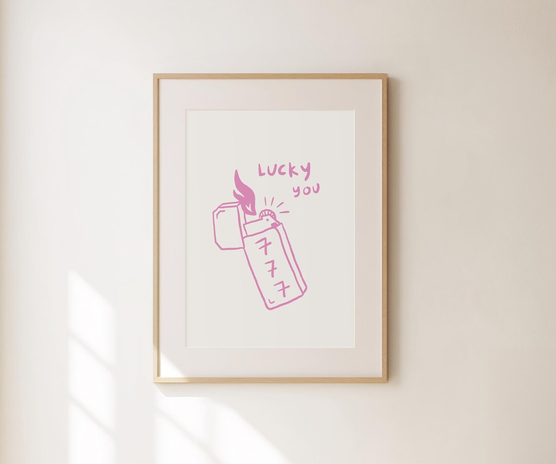 Lucky You 777 Angel Number Lighter Doodle Pink Wall Art Print Poster - Image 3
