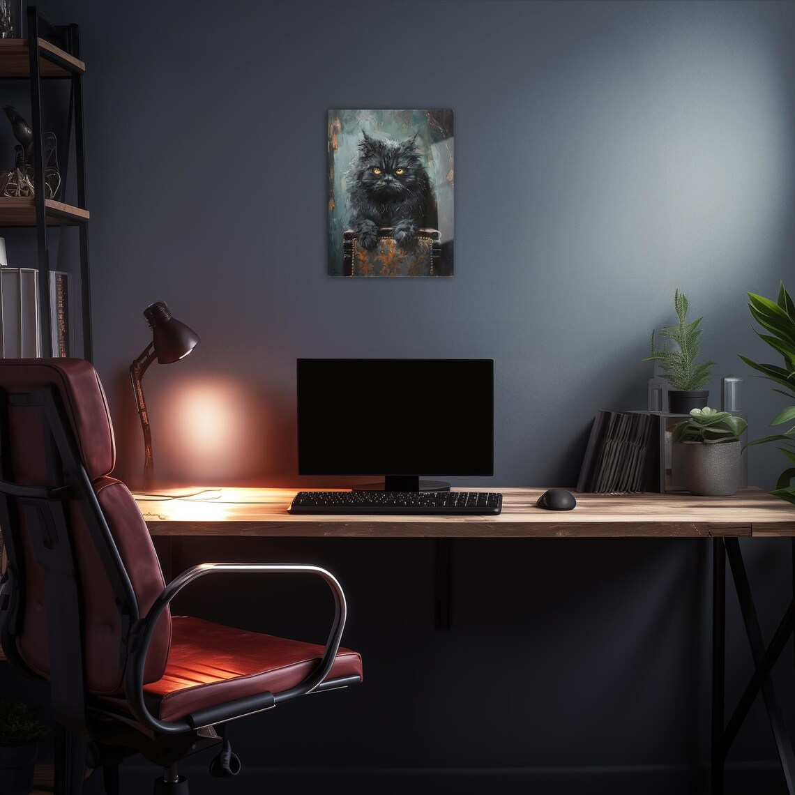 Grouchy Black Cat With Yellow Eyes On Ornate Chair Dark Academia Poster - Image 2