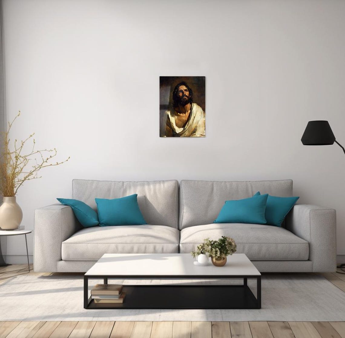 Jesus Christ Looking Up White Robe Dramatic Light Religious Art Poster - Image 2