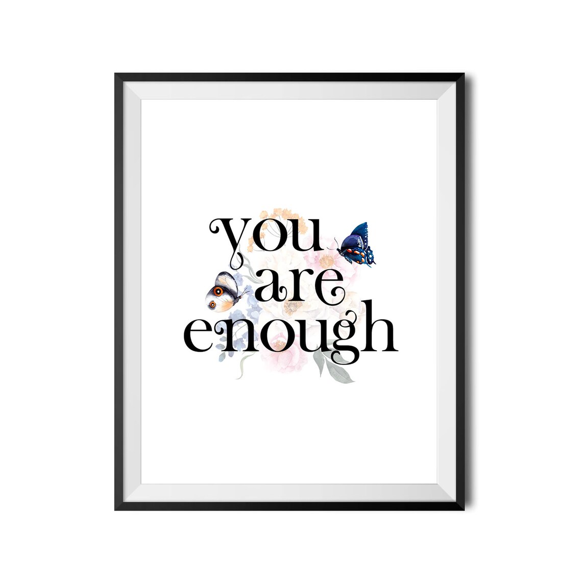 You Are Enough Quote Floral Butterfly Watercolor Botanical Wall Art - Image 3