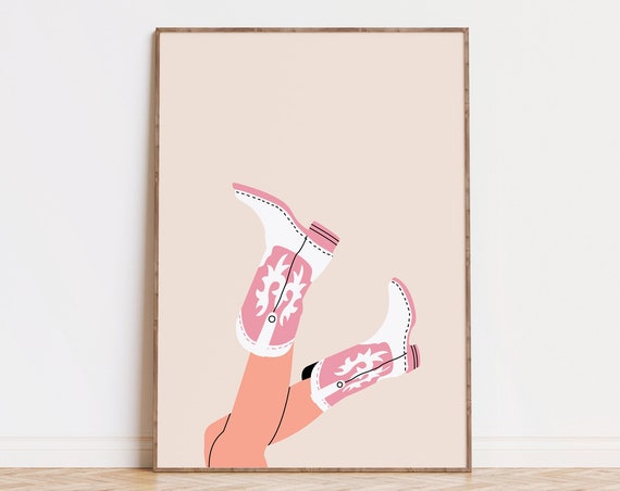 Pink Cowgirl Boots Art Print Preppy Wall Poster Trendy Western Bedroom Decor Rodeo Girly