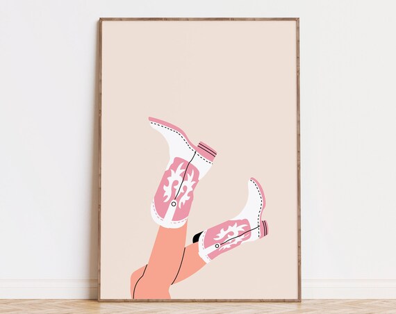 Pink Cowgirl Boots Kicking Up Western Girly Nursery Art Poster