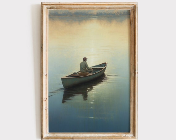 Vintage Fishing Canoe Fisherman Art Print, Nautical