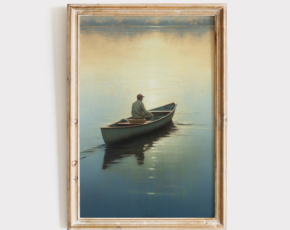 Vintage Fishing Canoe Fisherman Art Print, Nautical