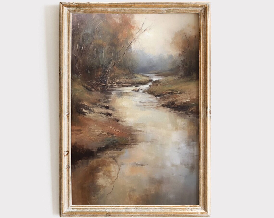 Vintage Muted River Landscape, Neutral Nature Art Print