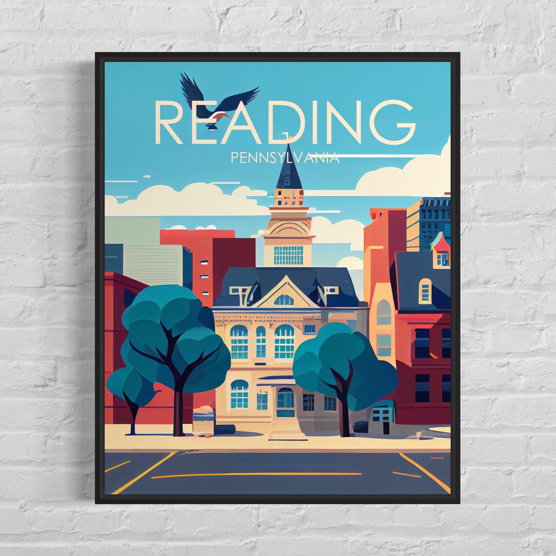 Reading Pennsylvania Downtown Skyline Eagle Retro Vintage Travel Poster