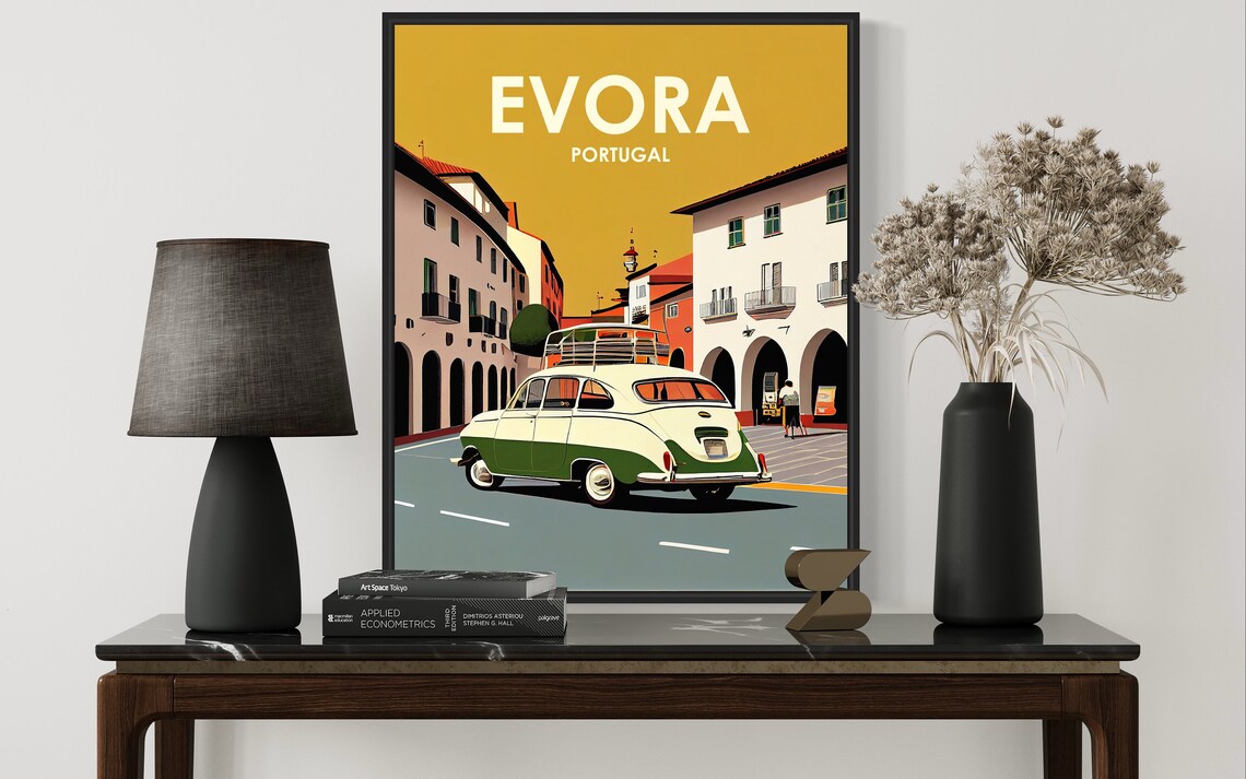 Evora Portugal Retro Street with Classic Car Vintage Travel Poster - Image 3