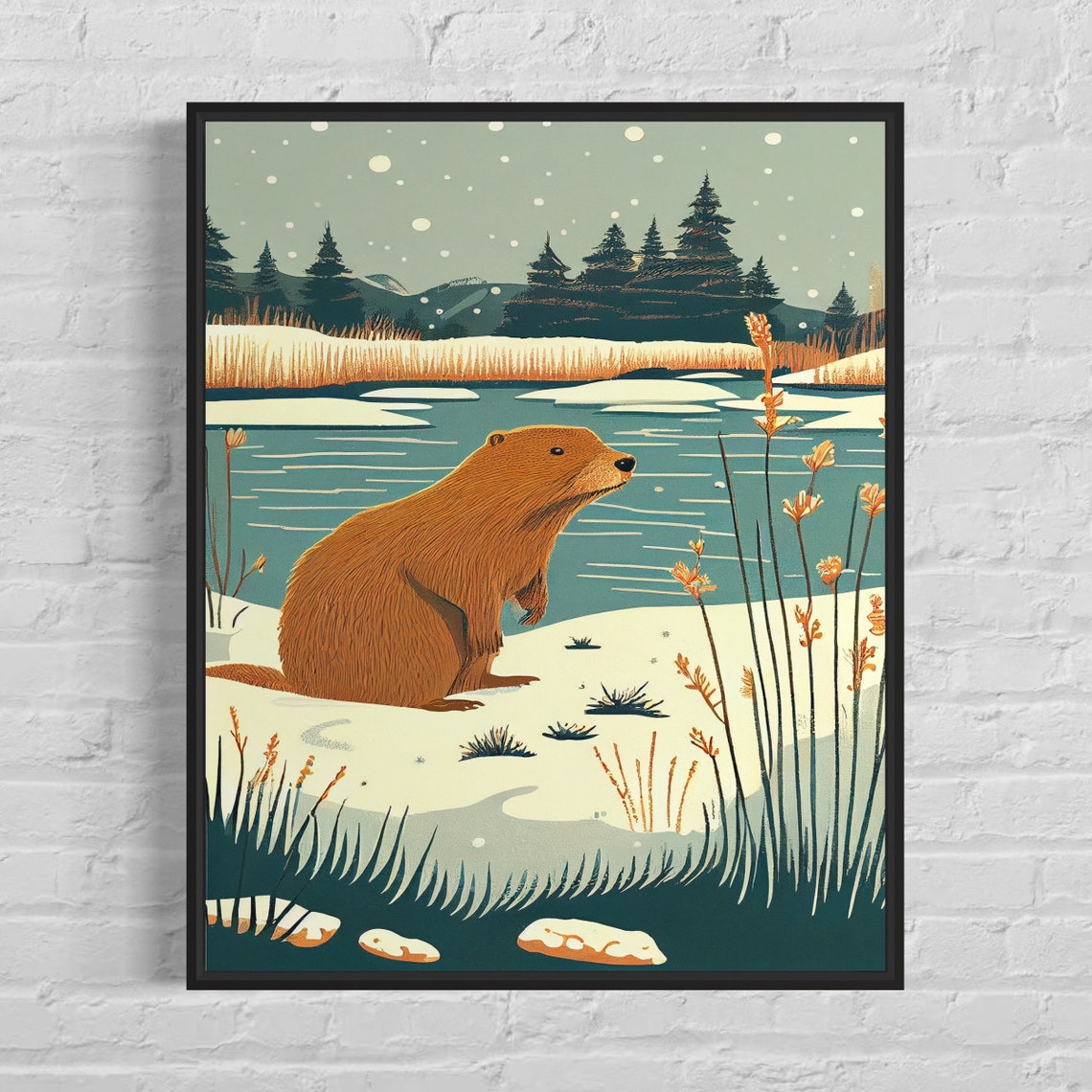 Beaver Wildlife Poster with Snowy Riverside and Tall Pine Forest
