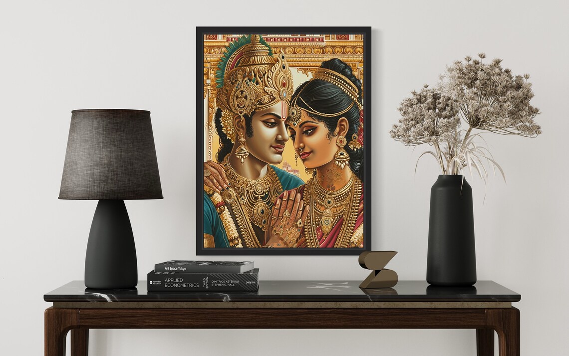 Divine Hindu Couple in Gold Crowns and Bridal Jewels Tanjore Poster - Image 2