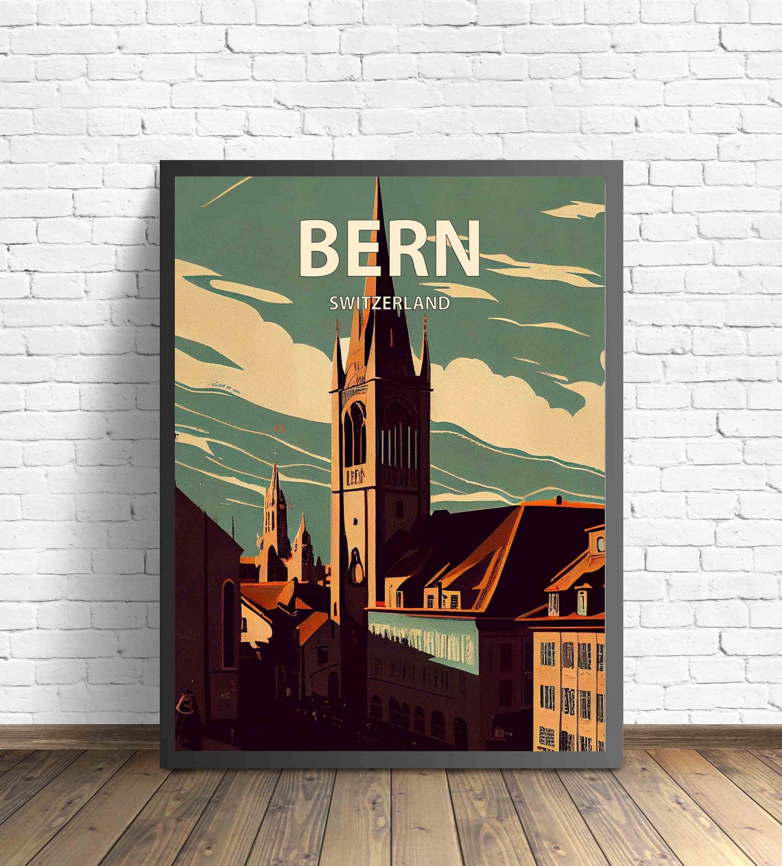 Bern Switzerland Cathedral Spires Dusk Vintage Travel Scene Poster
